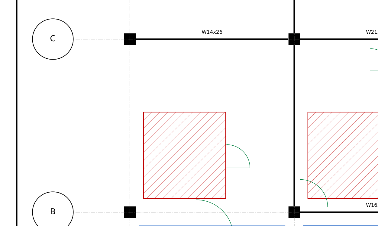 A crop of a structural framing plan: grid bubbles, beams, hatched boxes, labels